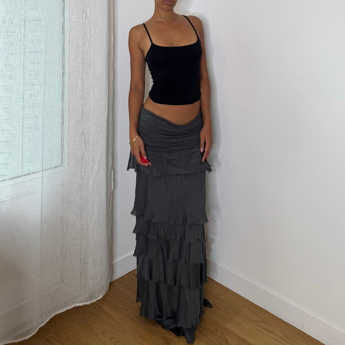 Italian vintage Y2K charcoal grey tiered maxi skirt with silk mesh ruffles and ruched waist