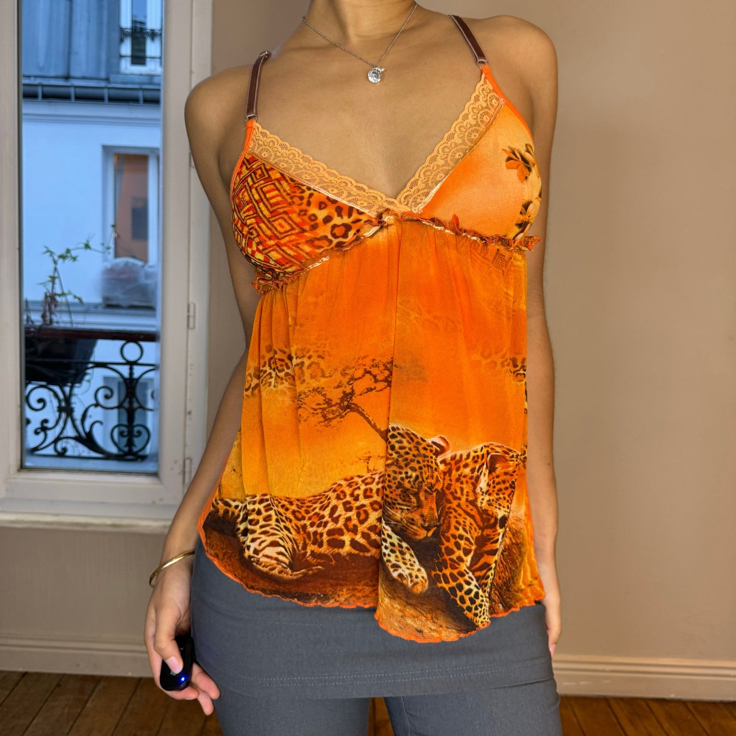 Vintage 00s Orange Cheetah graphic Micro Mesh Cami Tank (S)