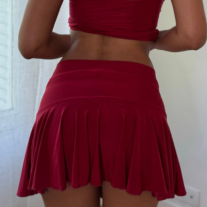 Vintage Burgundy Slinky Cami & Mini Skirt Set Ruffle Y2K (XS/S)