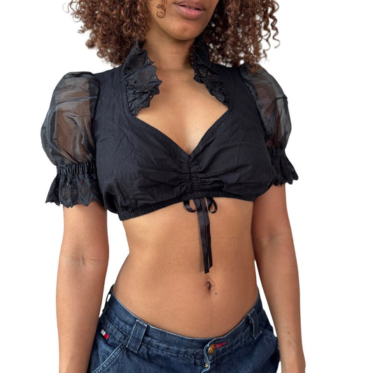 Vintage black cotton cropped blouse puff sleeve lace trim tie front Y2K (S)