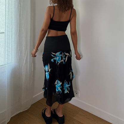 Vintage Black Blue Floral Mesh Asymmetrical Midi Skirt Italian Y2K (S)