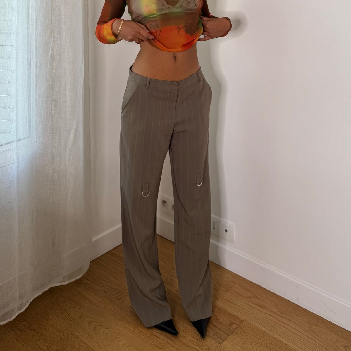 Italian Vintage Green Pinstripe Low Rise Wide Leg Trousers with Silver Ring Hardware