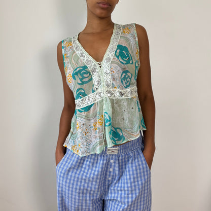 Vintage Italian Sequin-Lace Mesh Tie-Front Top (M/L)