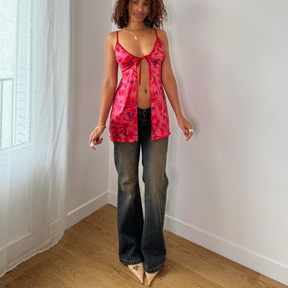 Vintage Pink Rose Print Tie Front Cami Top Sheer Y2K Euro (S)