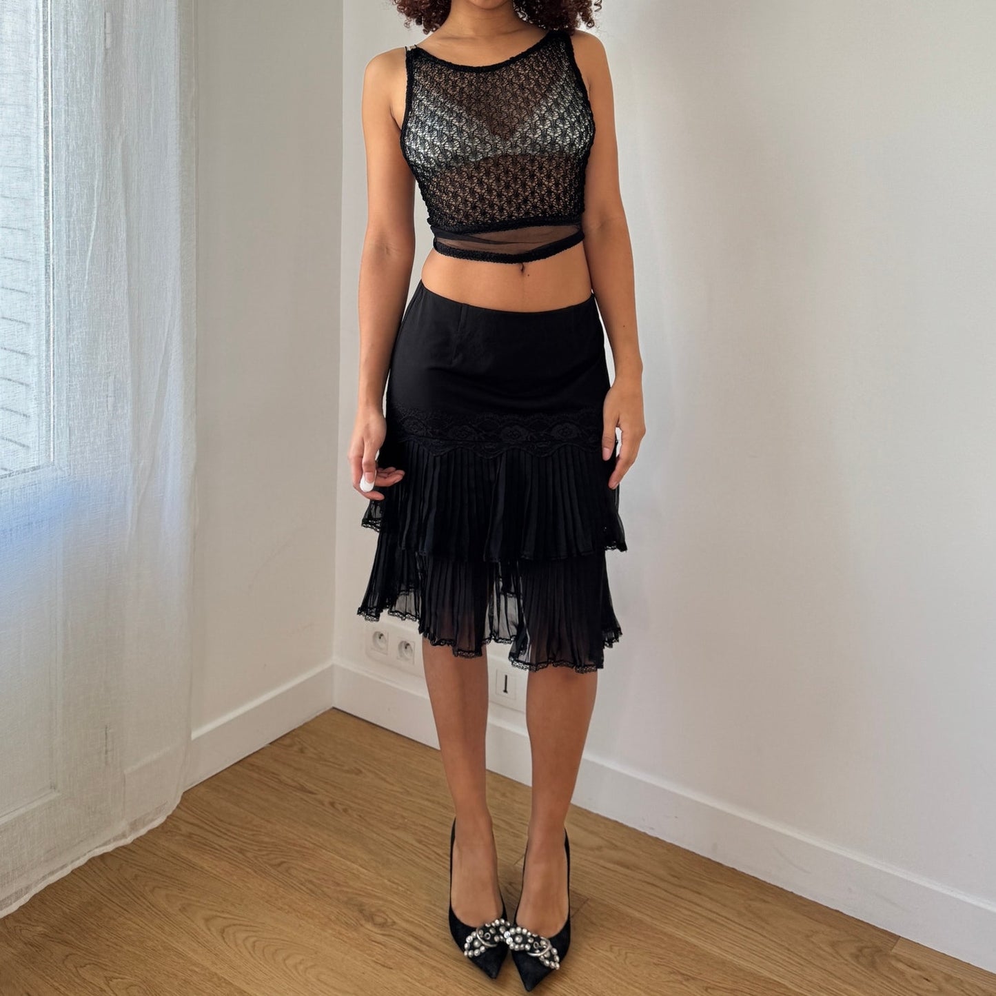 Vintage Love Sex Money Black Lace Mesh Top Tie Back Sheer Y2K (S)