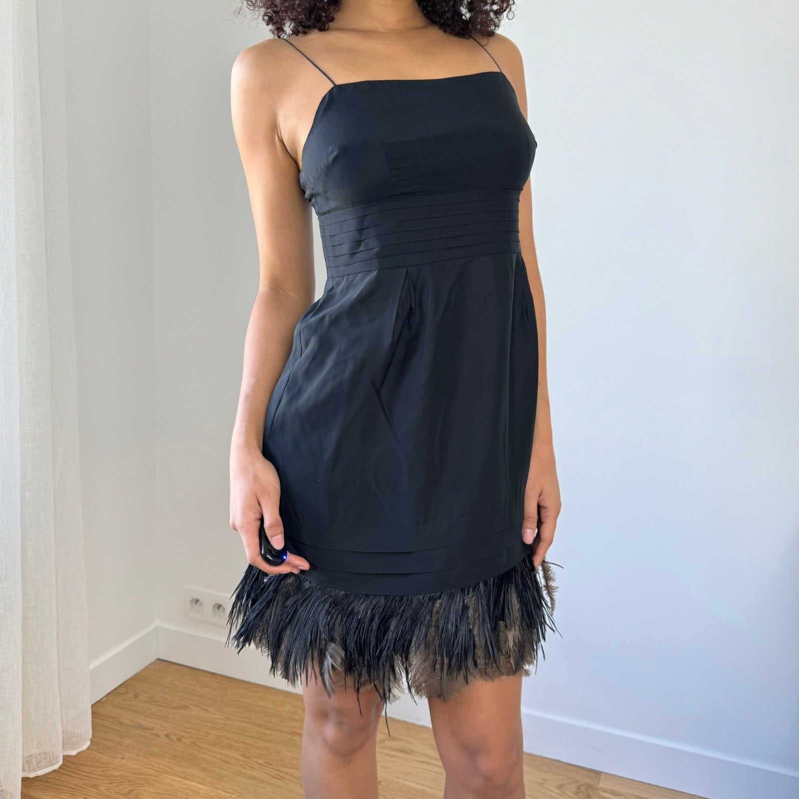 juicy couture black silk dress Juicy Couture Silk Feather Trim Dress (XS/S)