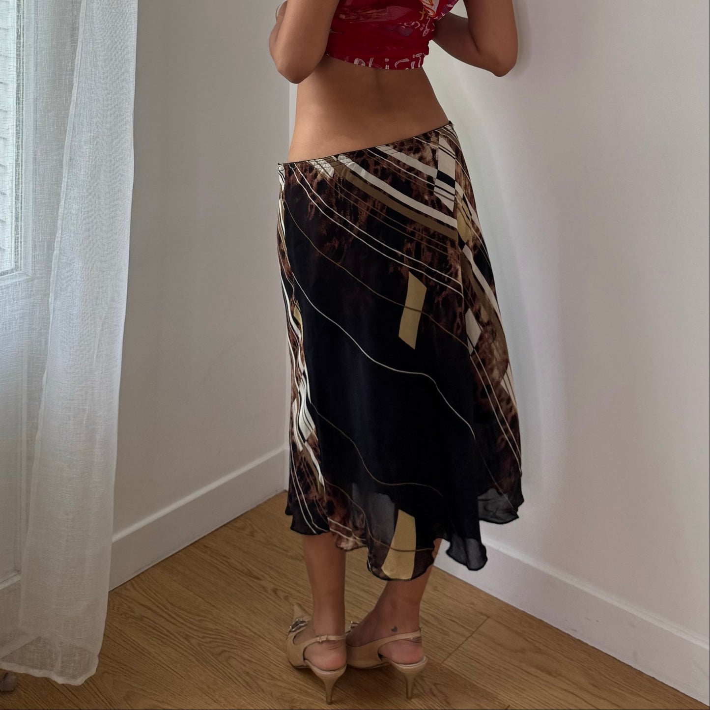 Vintage Black Brown Abstract Mesh Midi Skirt Italian Y2K (M/L)