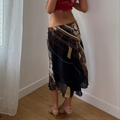 Vintage Black Brown Abstract Mesh Midi Skirt Italian Y2K (M/L)