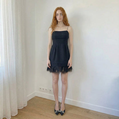 Vintage Juicy Couture Black Silk Feather Trim Mini Dress (XS/S)