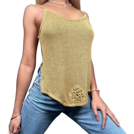 Made in Italy - Vintage 90s Knit Tank Top (S-M) Golden Color Festival Crochet