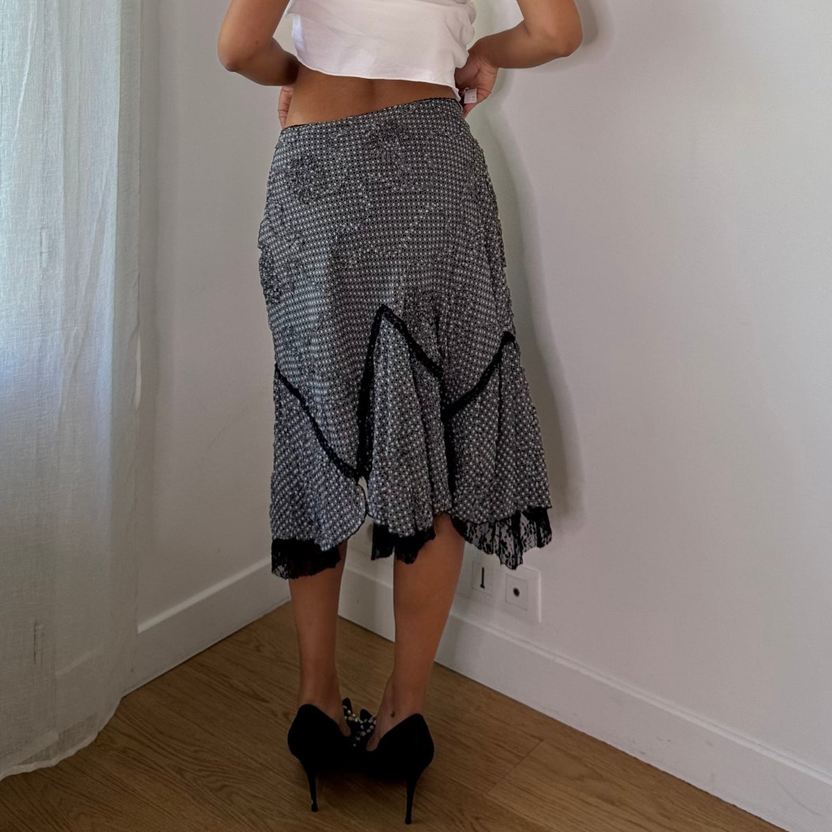 Vintage Black White Printed Mesh Ruffle Midi Skirt
