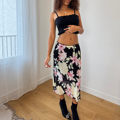 Euro Vintage black floral mesh midi skirt (Small)