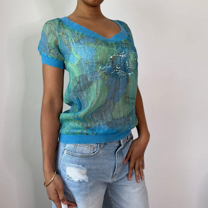 Vintage Nolita NYC Silk Sequin Knit Top Y2K Fairy Grunge Sequined Top (S) ⠀