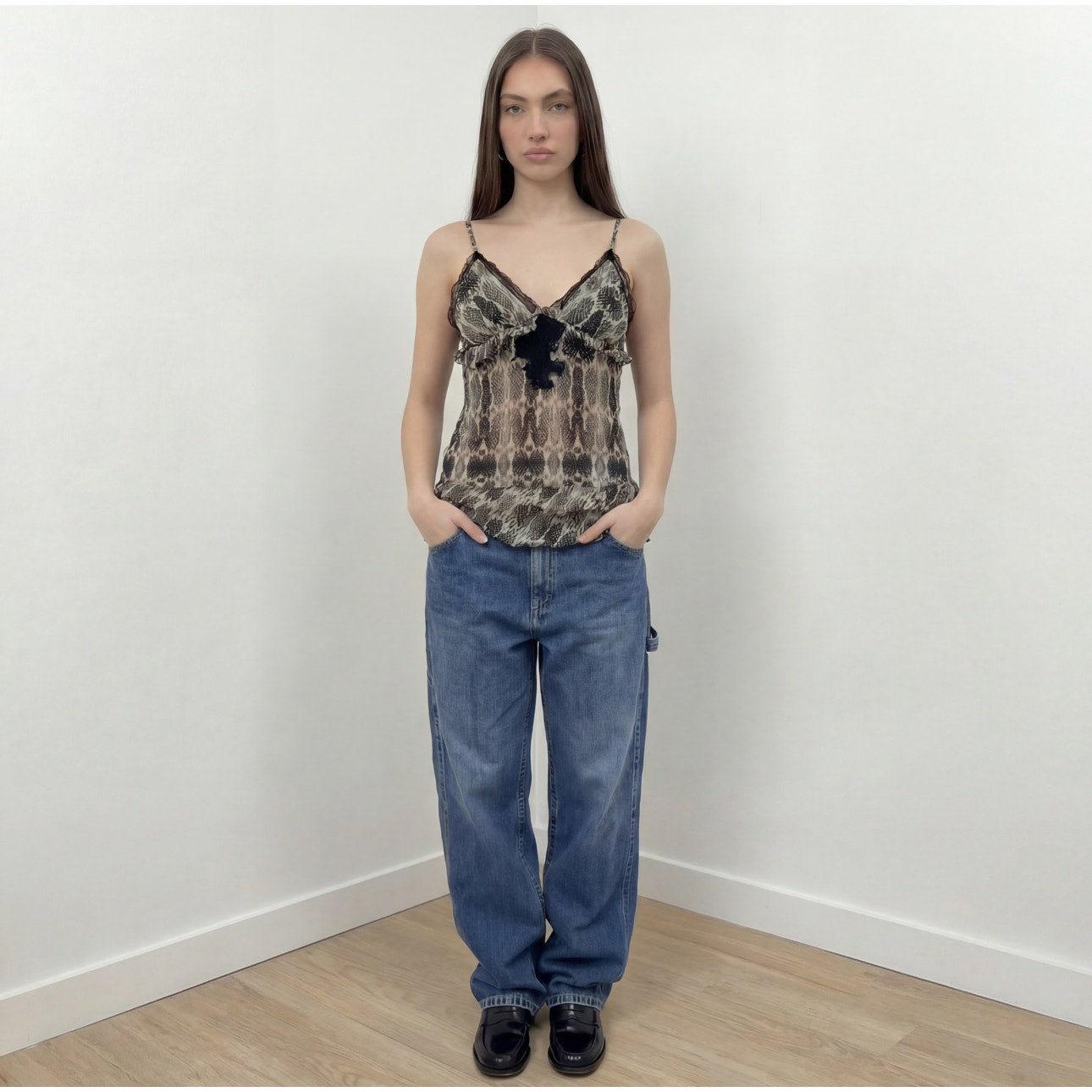 Vintage Pinko Cream & Black Snakeskin Print Silk Lace Cami Top (S/M)