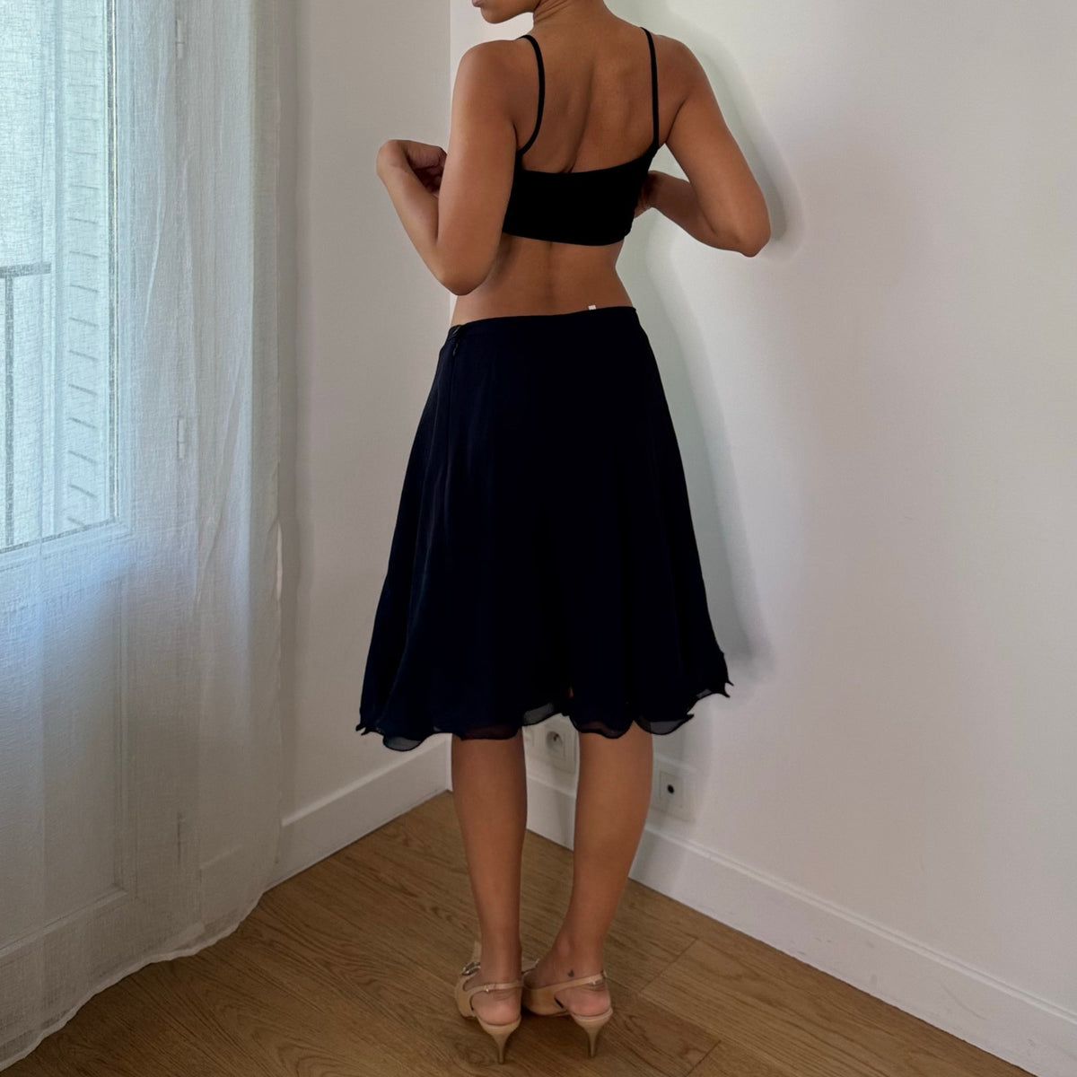 Vintage Italian Black Flowy Mesh Midi Skirt (S)