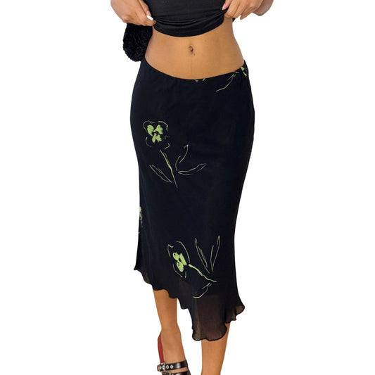 Vintage Italian Black Floral Mesh Midi Skirt Sheer Hem (S)