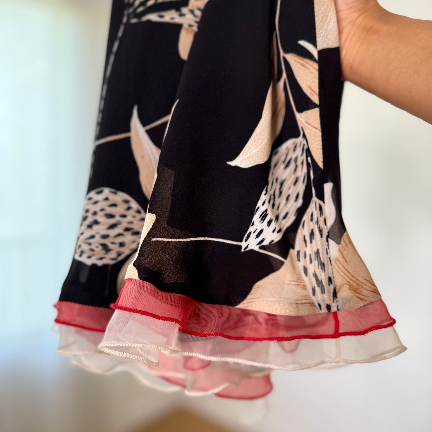 Vintage Black Beige Pink Tropical Floral Mesh Midi Skirt Italian Y2K (S)