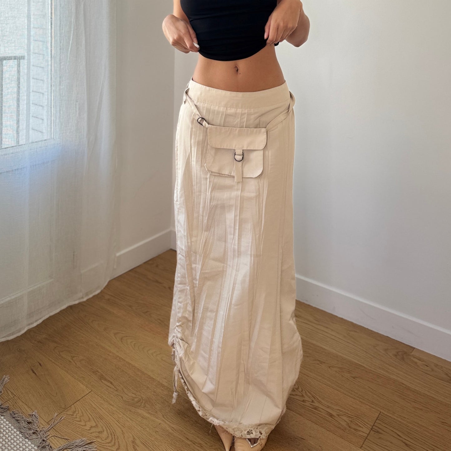 Vintage French Cream Maxi Skirt Ruched Hem (XS/S)