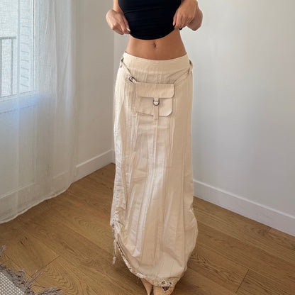 Vintage French Cream Maxi Skirt Ruched Hem (XS/S)