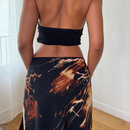 Vintage Y2K Brown Abstract Mesh Midi Skirt with Ruffle Hem Made in Italy (S) ⠀