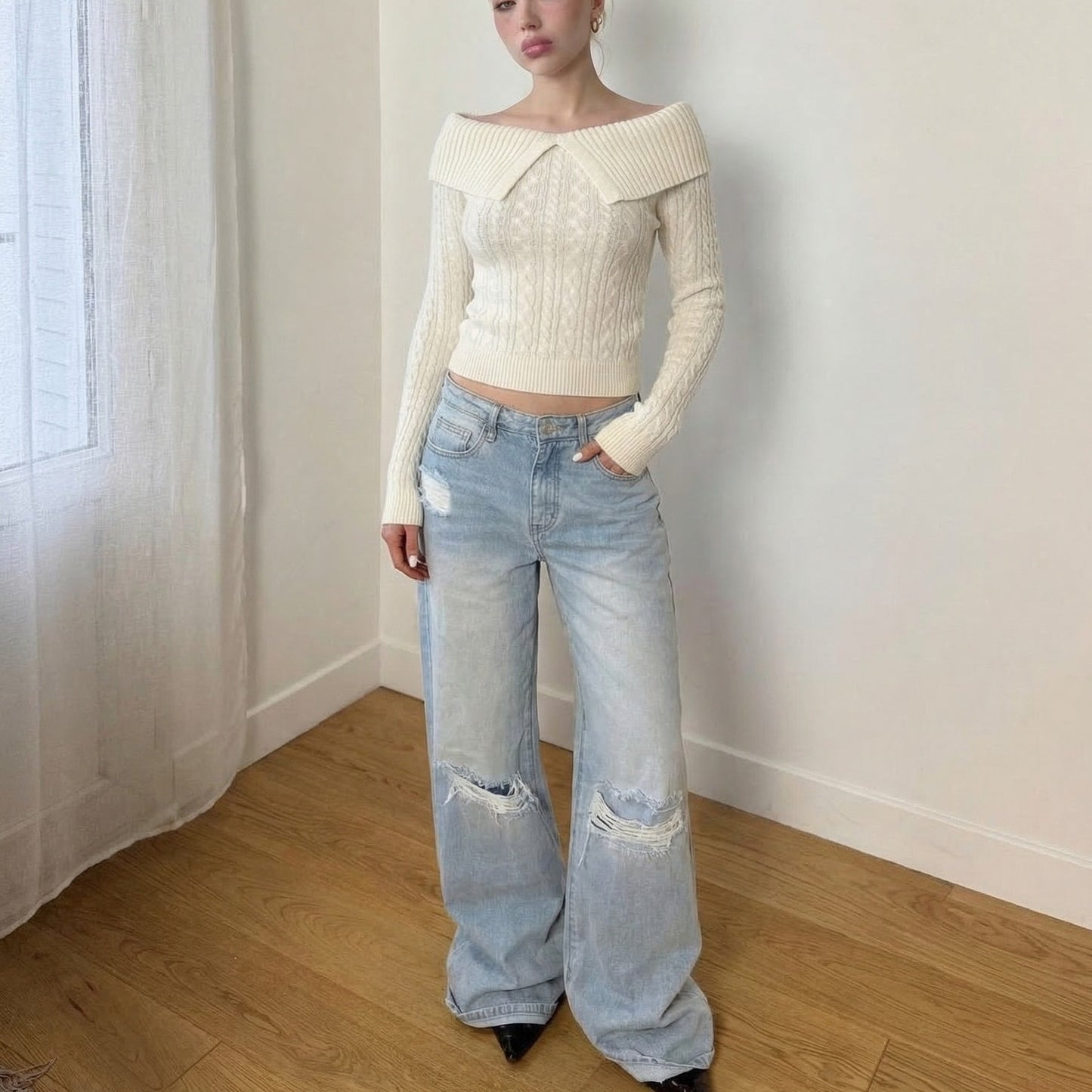 Vintage White Cable Knit Sweater Wide Foldover Collar Fitted Cropped (S)