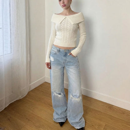 Vintage White Cable Knit Sweater Wide Foldover Collar Fitted Cropped (S)