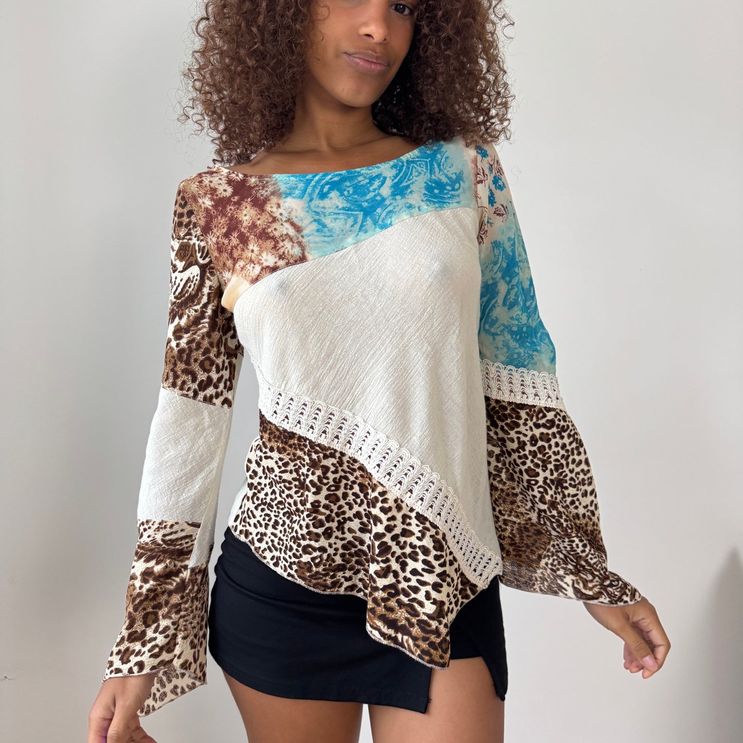 Vintage Patchwork Mixed-Print Asymmetric Long Sleeve Top with Lace Trim (M)