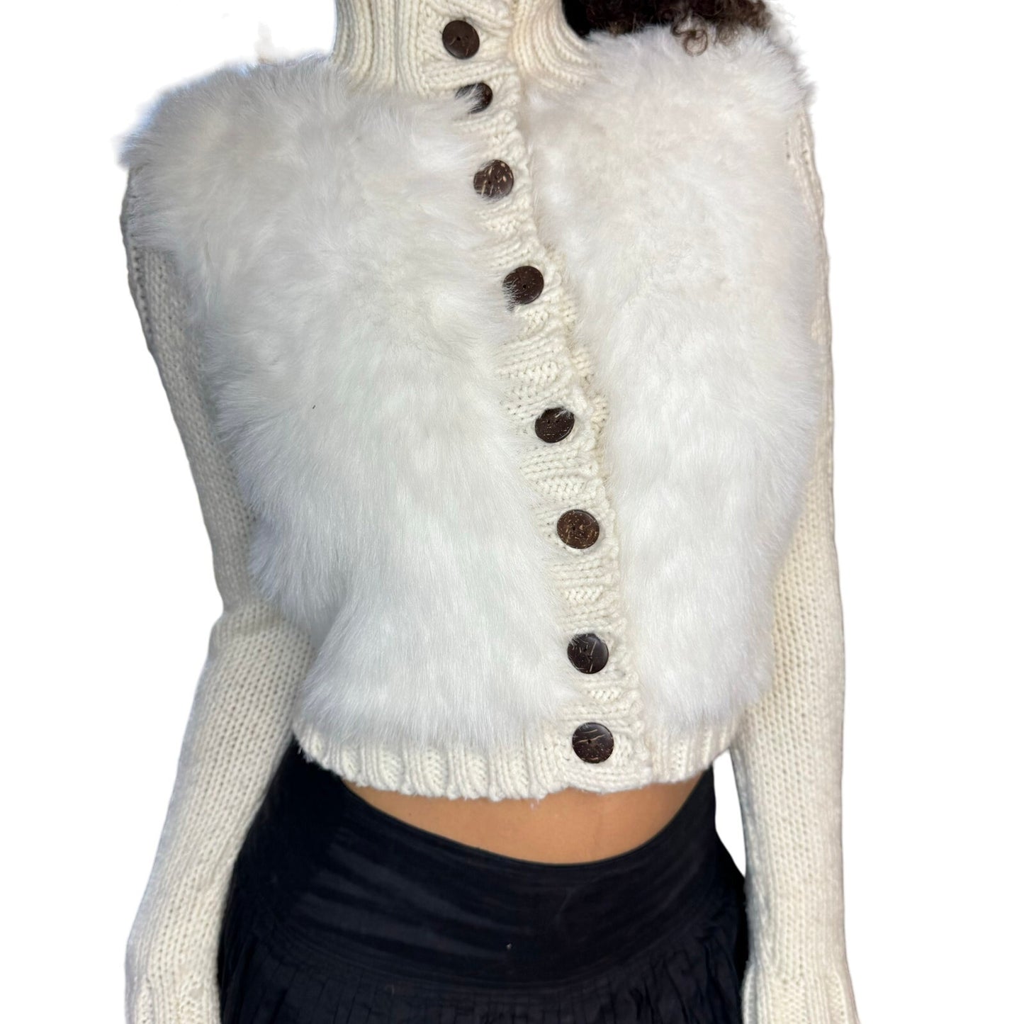 Vintage Y2K White Fur Cardigan with Knit Sleeves (S)