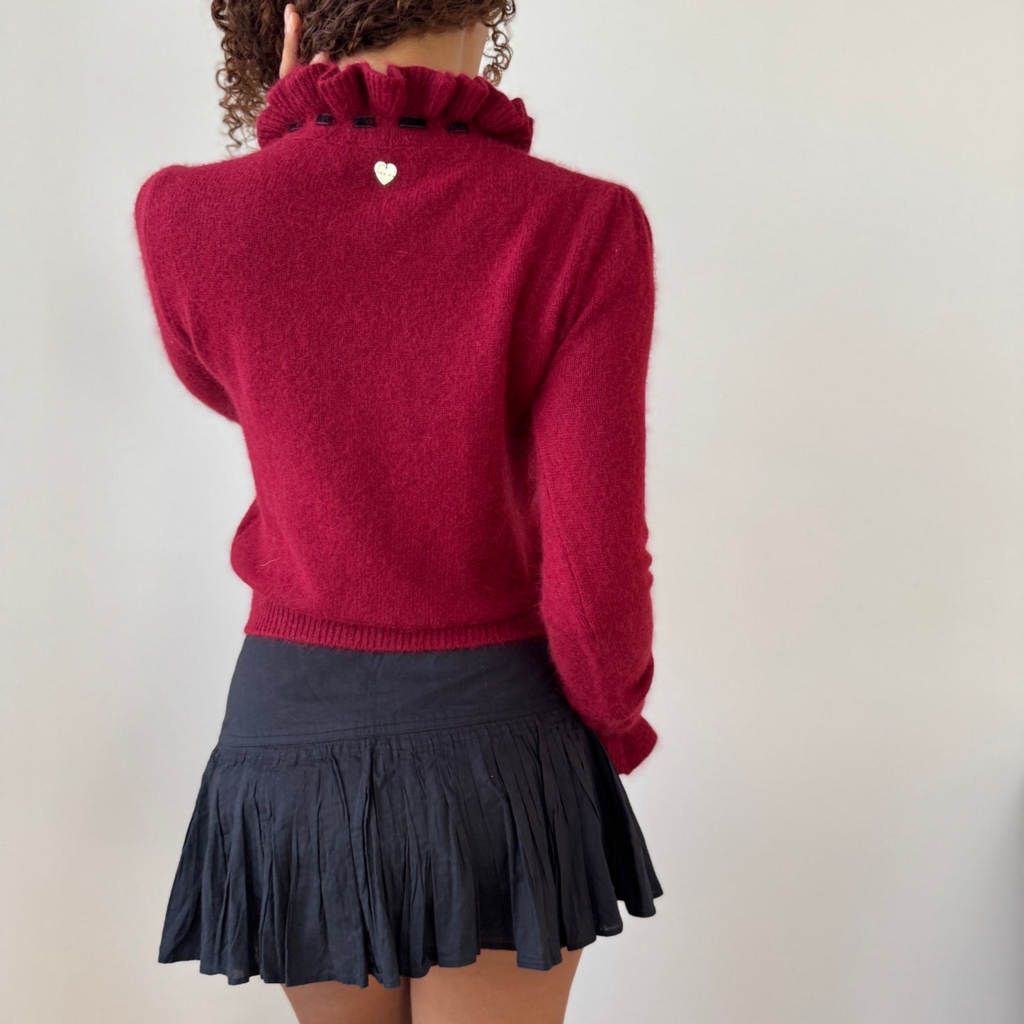 Vintage Euro Burgundy Angora Ruffle Neck Knit Long Sleeve Top (Small)