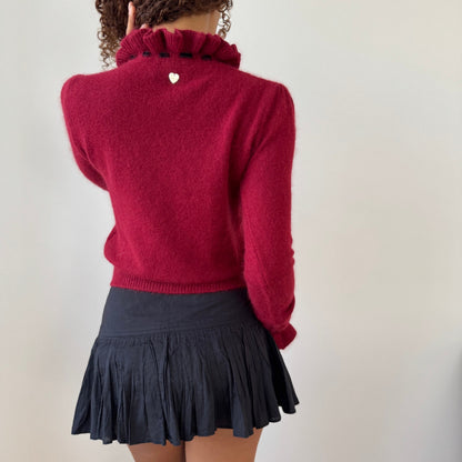 Vintage Euro Burgundy Angora Ruffle Neck Knit Long Sleeve Top (Small)