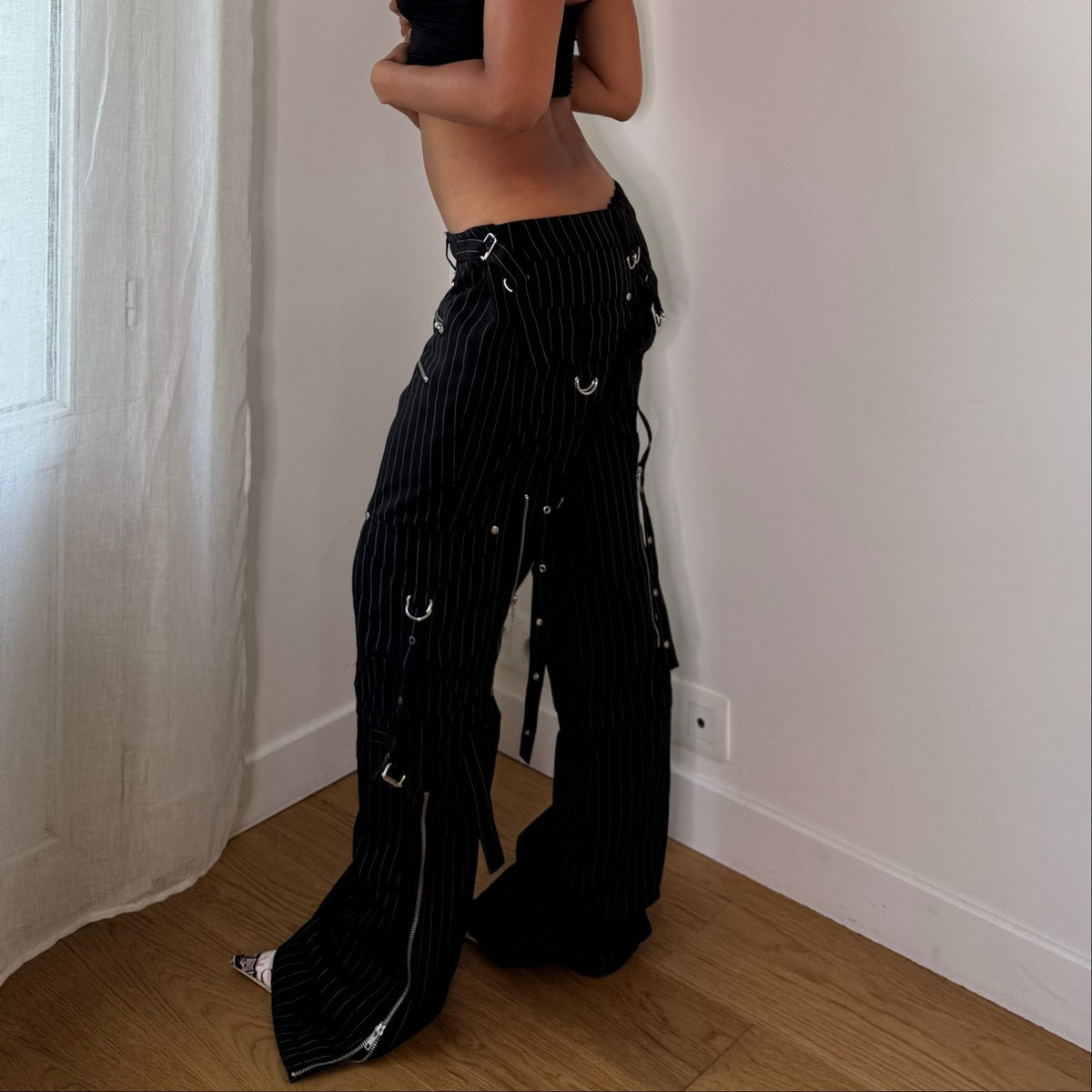 Euro Vintage Black White Pinstripe Low Rise Wide Leg Cargo Pants with Zipper Pockets & Buckle Strap Details
