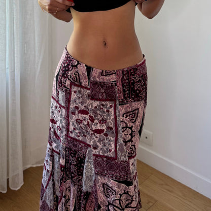 Vintage Pink Burgundy Patchwork Mesh Midi Skirt (S)