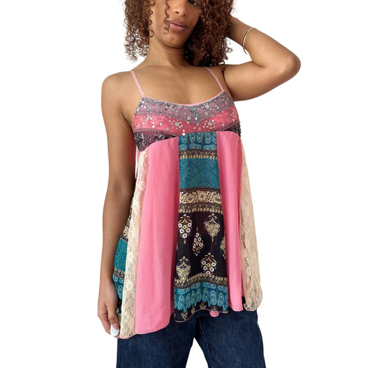 Vintage Italian Patchwork Silk Cami Top Sequin Lace Mixed Print (S)