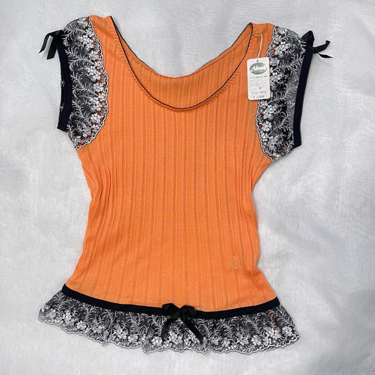 Vintage Deadstock Y2K Ribbed Pointelle Orange Top Coquette Ballet Fits XS-M