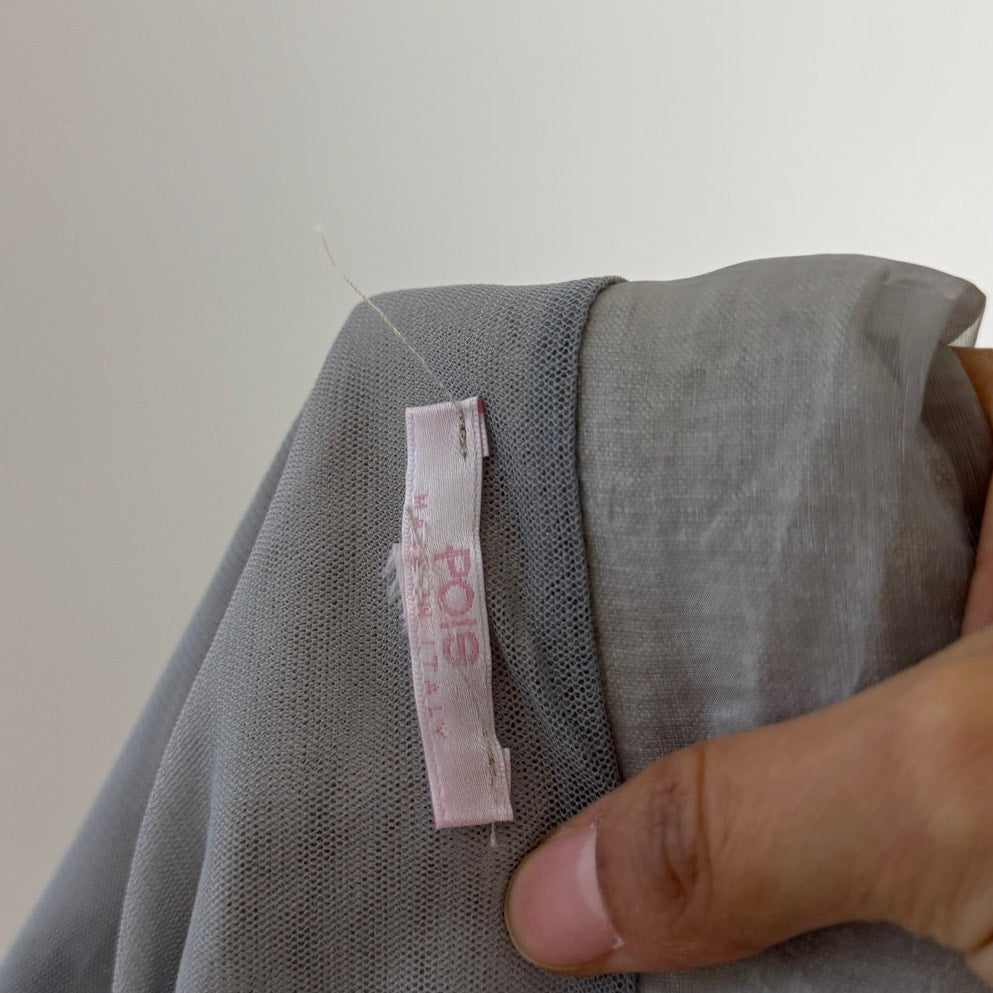 Vintage euro silver grey organza tie front semi sheer long sleeve top with draped collar and button front (S)