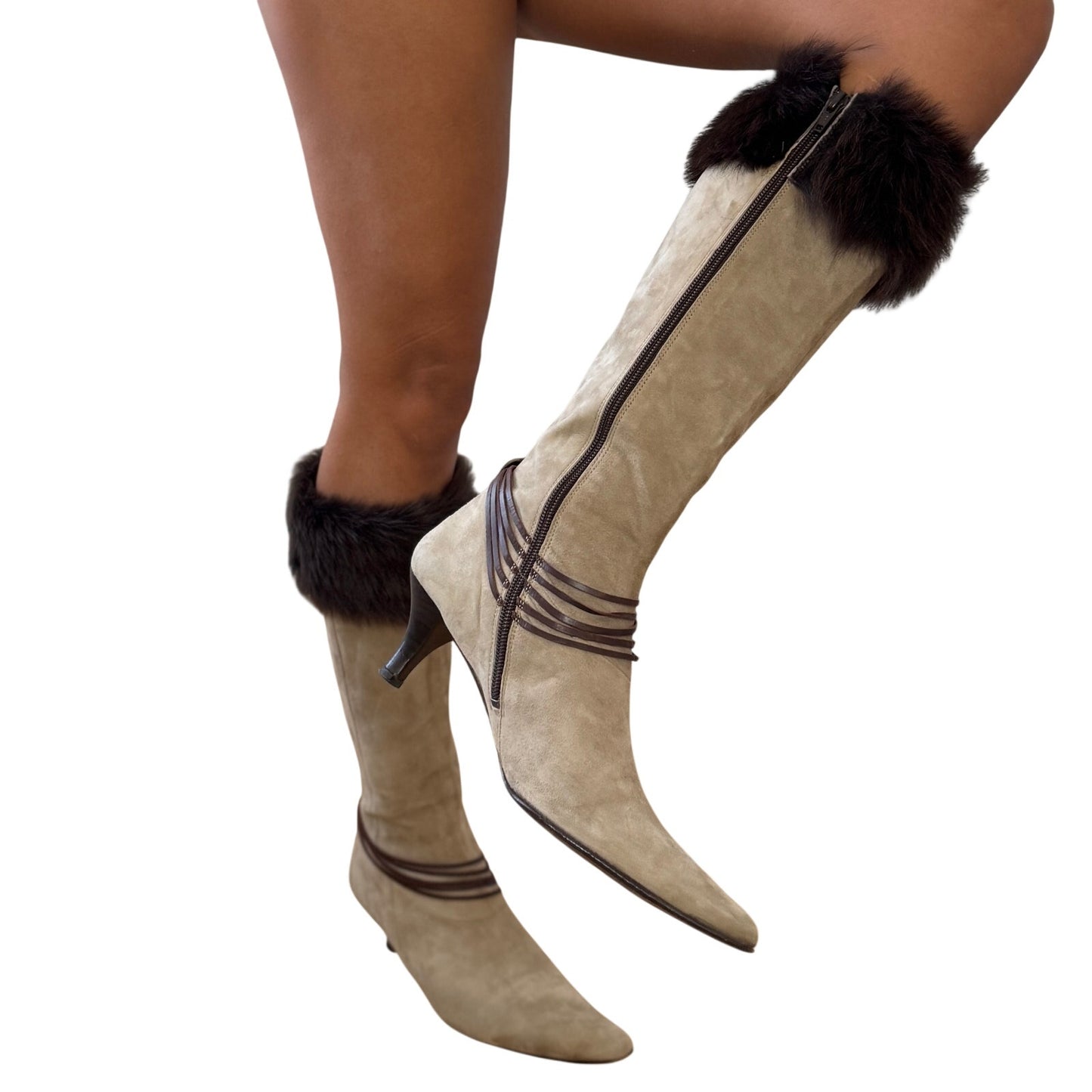Vintage Italian Suede Knee High Boots Fur Trim Handmade (EU 38 / US 8)