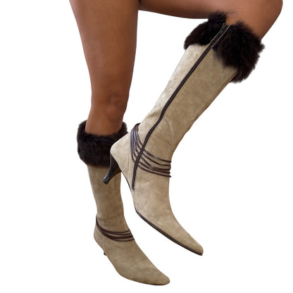 Vintage Italian Suede Knee High Boots Fur Trim Handmade (EU 38 / US 8)