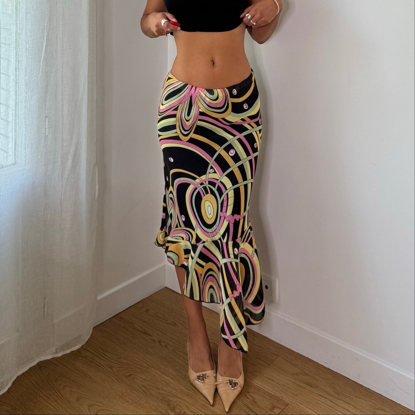 Vintage Black Pink Green Yellow Abstract Mesh Midi Skirt Euro Y2K (M)