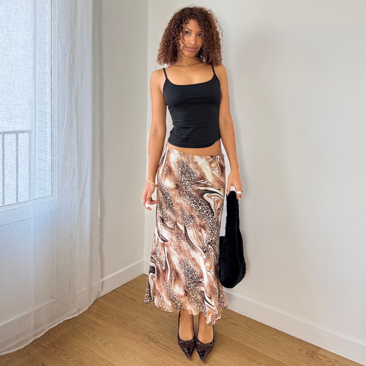 Vintage Italian Abstract Animal Print Mesh Midi Skirt Brown Neutral (S/M)