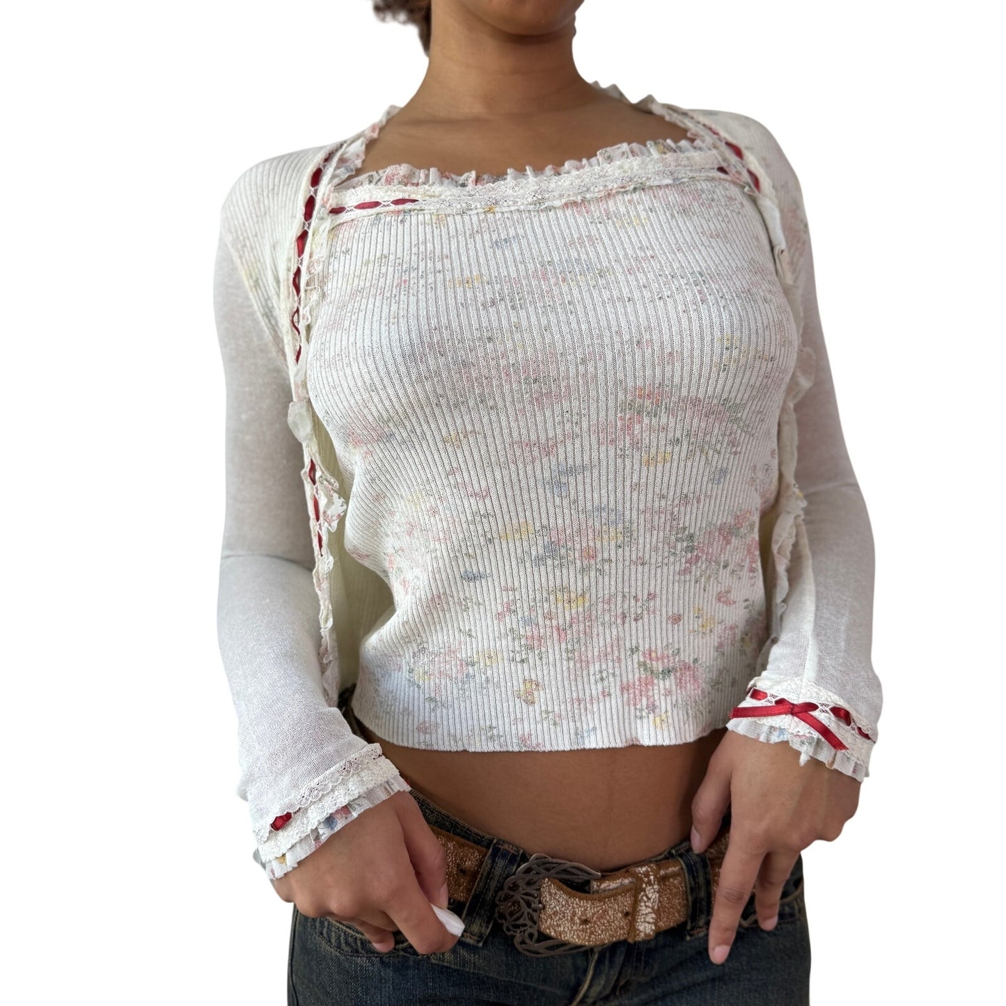 Vintage White Floral Knit 2 Piece Set Cami & Cardigan Lace Trim Y2K Italian (XS/S)