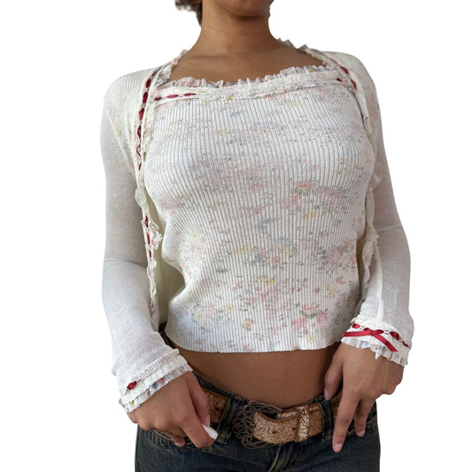 Vintage White Floral Knit 2 Piece Set Cami & Cardigan Lace Trim Y2K Italian (XS/S)