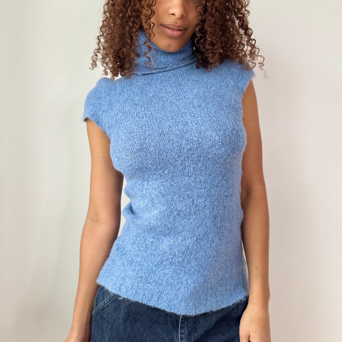 Vintage Italian Blue Mohair Wool Blend Cap Sleeves Turtleneck Knit Top (S/M)