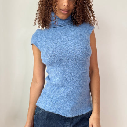 Vintage Italian Blue Mohair Wool Blend Cap Sleeves Turtleneck Knit Top (S/M)