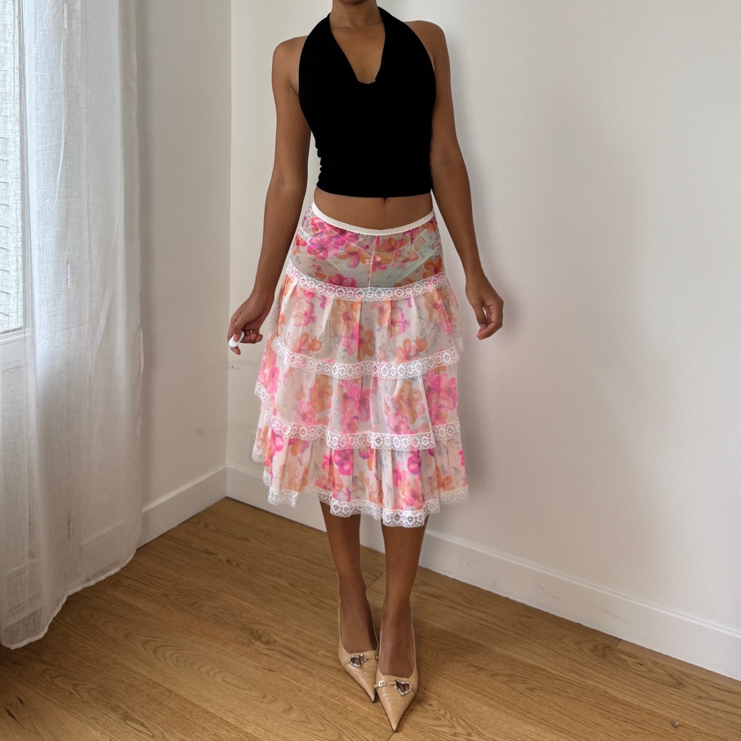 Vintage Euro floral mesh tiered lace-trim semi-sheer midi skirt (XS/S)