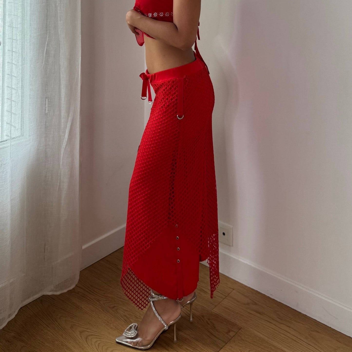 Vintage Red Fishnet Maxi Skirt Slinky Layered Y2K (S)