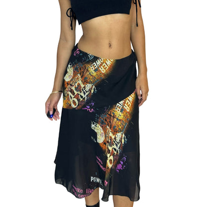 Vintage asymmetric graphic print midi skirt (S/M)