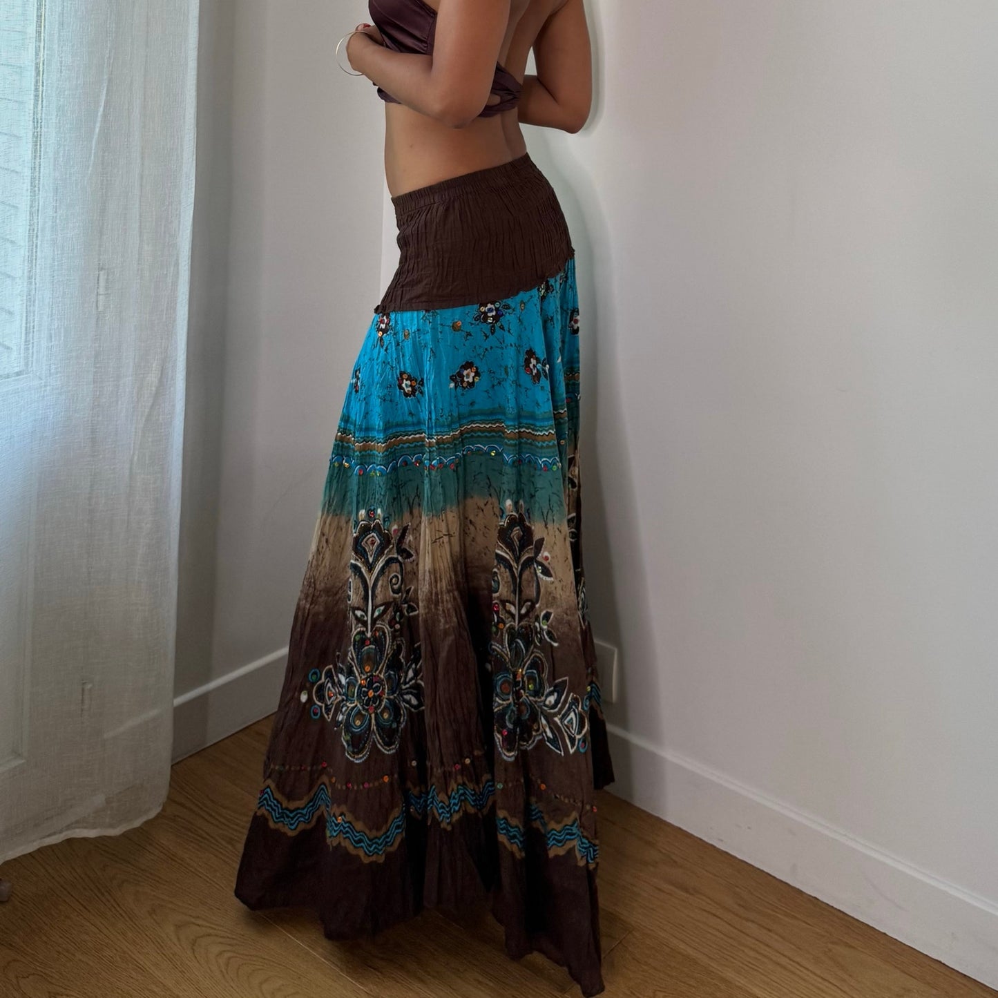 Vintage Brown Blue Sequin Boho Maxi Skirt Euro Y2K (XS/S)