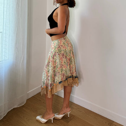 Vintage Tricot Chic Floral Silk Ruffle Midi Skirt Italian Y2K (XS/S)