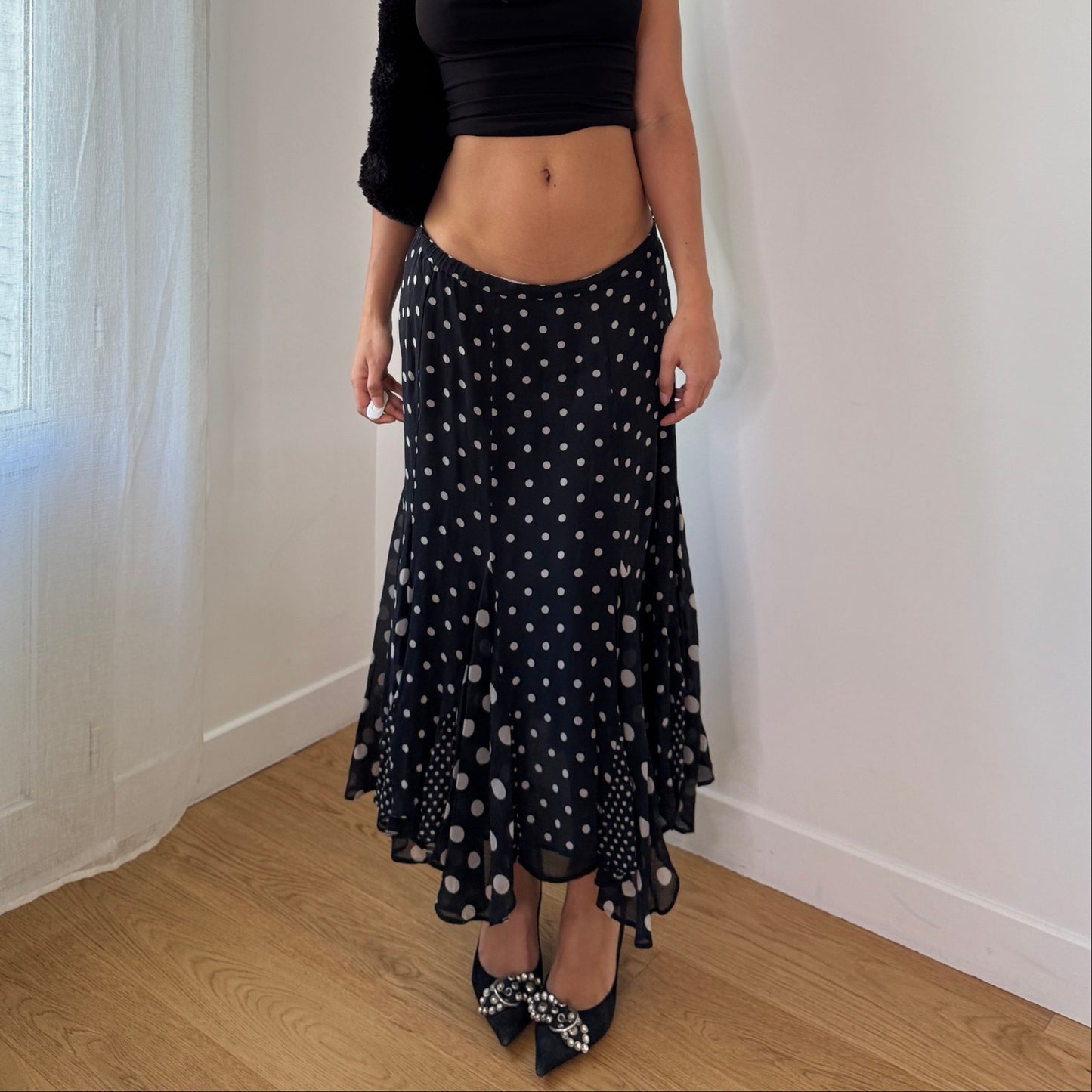 Vintage Y2K Black Polka Dot Silk Maxi Skirt with Ruffle Hem (S/M)