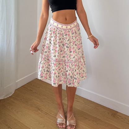 Vintage Cream Floral Silk Tiered Skirt Embroidered Beaded Waistband Y2K (XS/S)